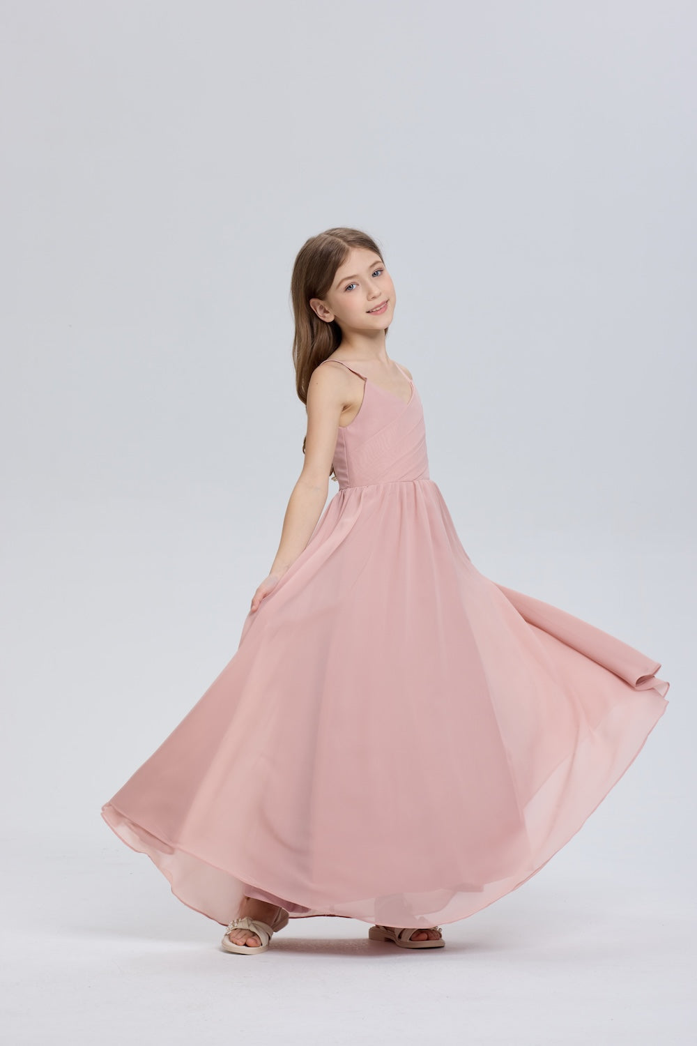 V-neck chiffon flower girl dress in soft pink, perfect for weddings and special occasions