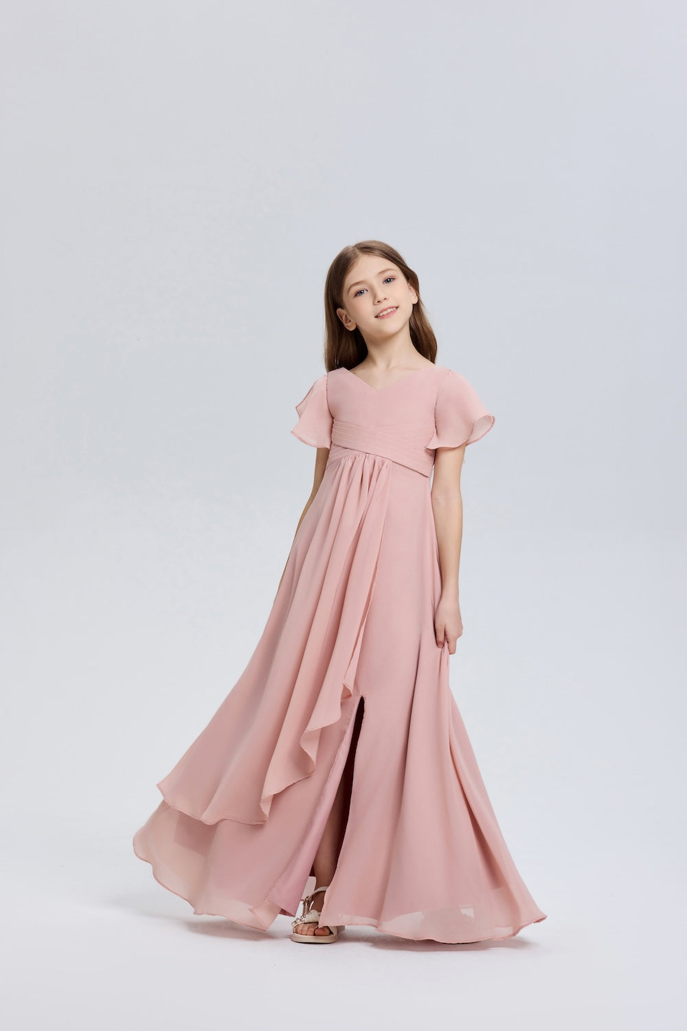 Elegant Ruffle V-Neck Slit Chiffon Flower Girl Dress