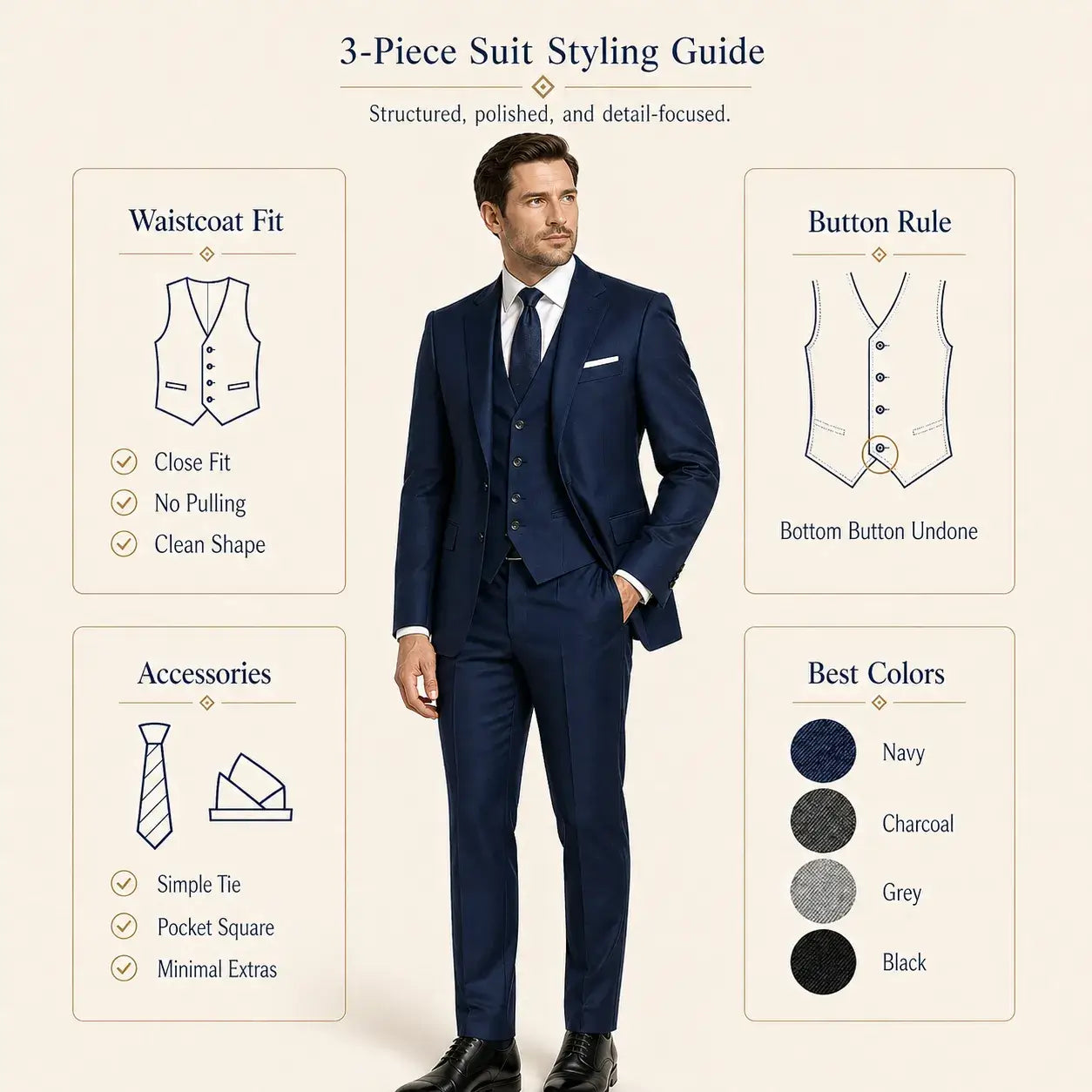 3 piece suit styling guide showing waistcoat fit, button rule, accessories, and best colors.