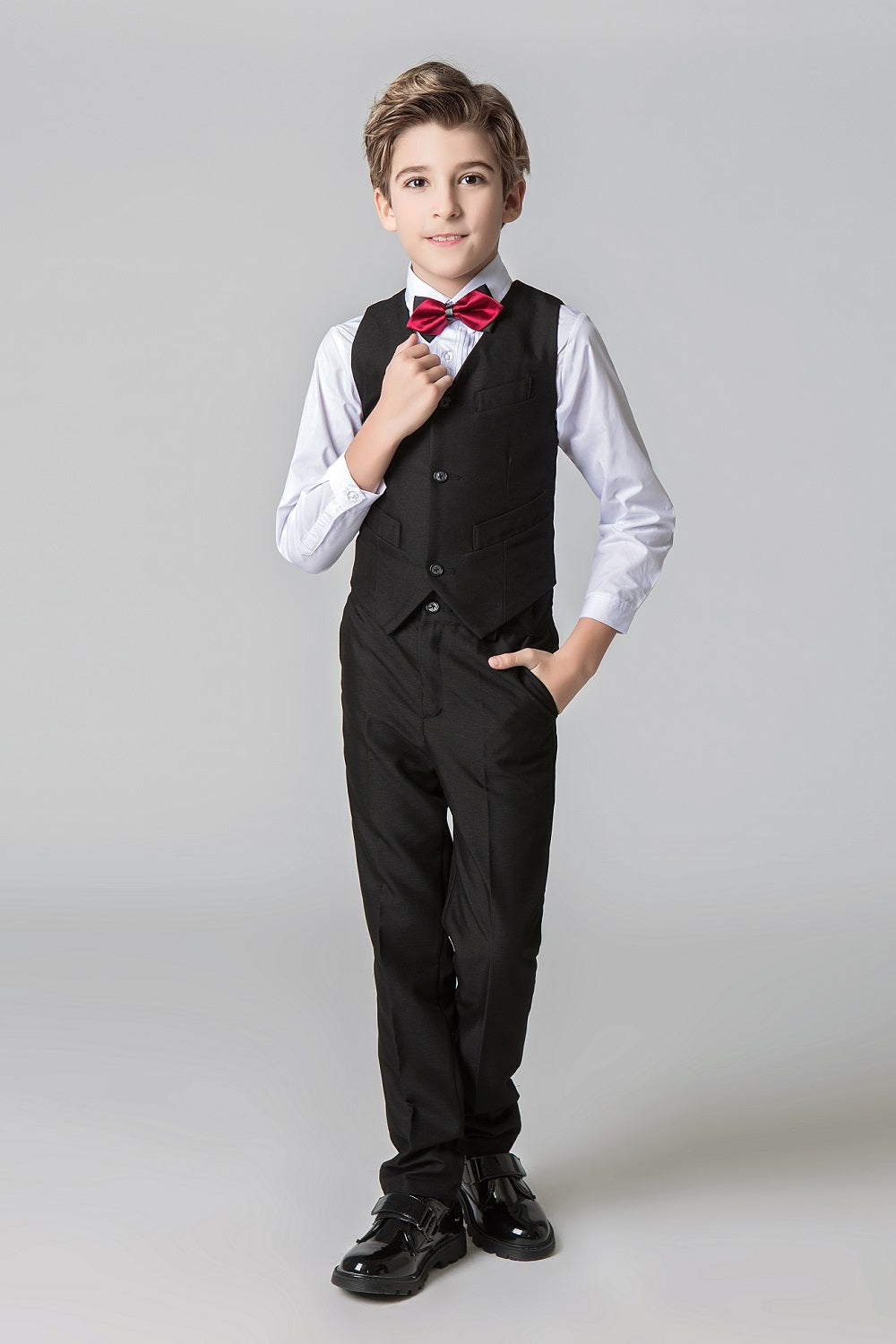 Black Custom Fit Slim 4 Piece Boy's Formal Suits With Vest+Pants+Shirt+Tie