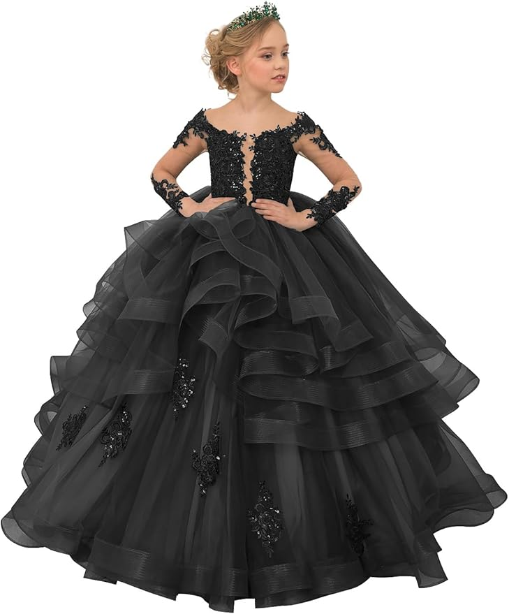 Long Sleeve Flower Girl Dresses Lace Applique Princess Ruffles Tulle Party Gown