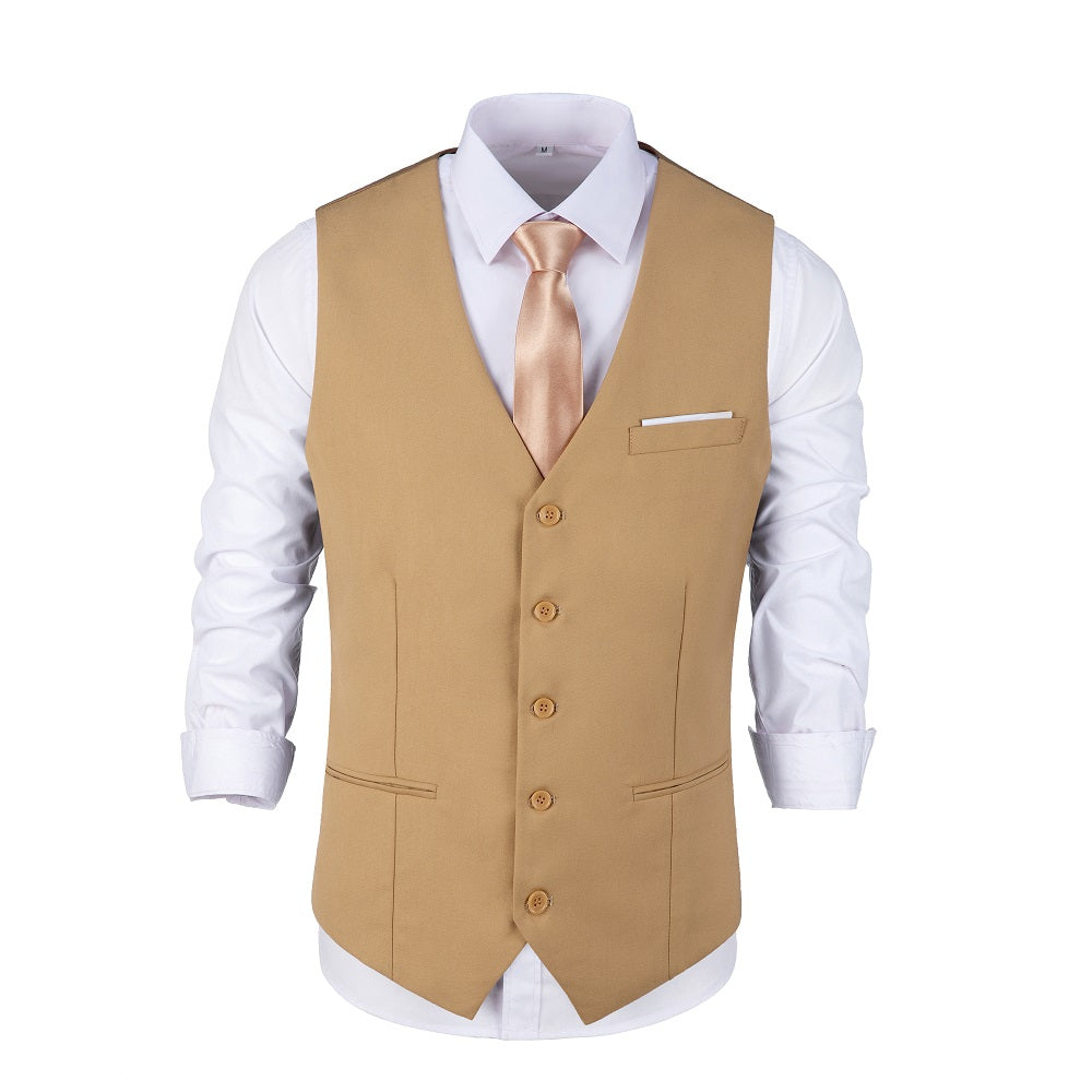 Khaki formal men's vest with V - neck, buttons, and pockets, paired with tie, suitable for party, wedding, or business