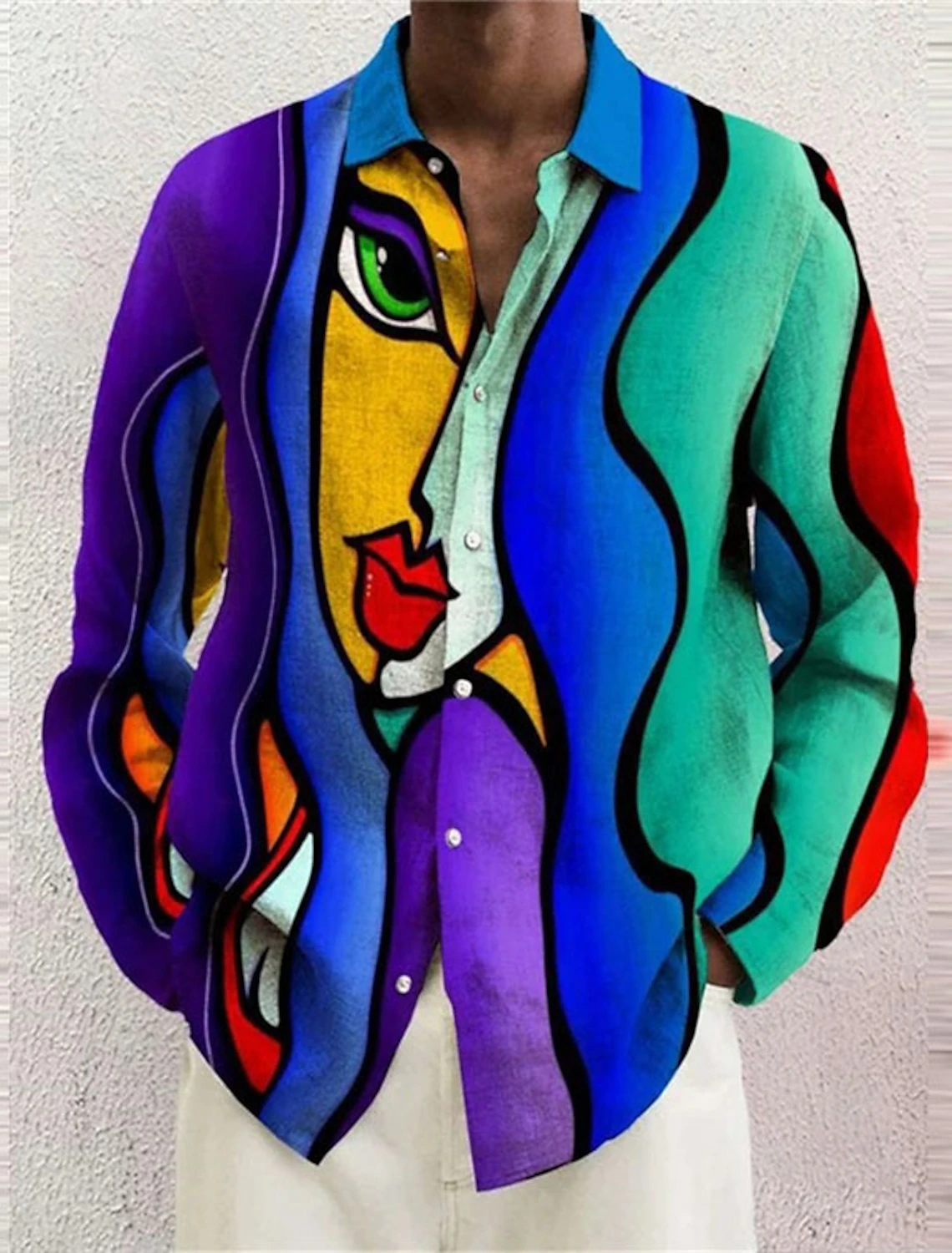 Long sleeve rainbow art shirt for men – vibrant casual look with artistic portrait