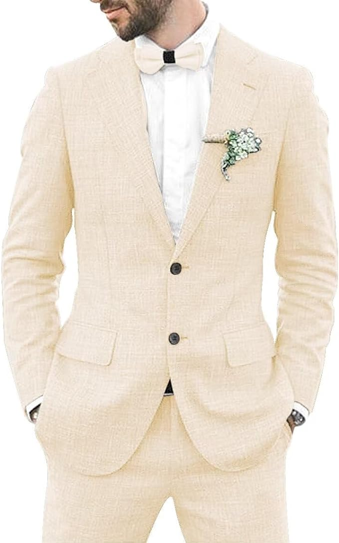 Summer Slim Fit Jacket Pant 2 Piece Linen Men Suits