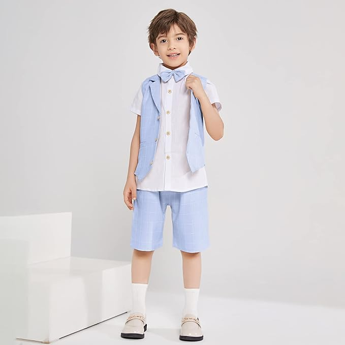 Summer Boys Suit 4Pcs Shirt Vest Shorts Tie Set