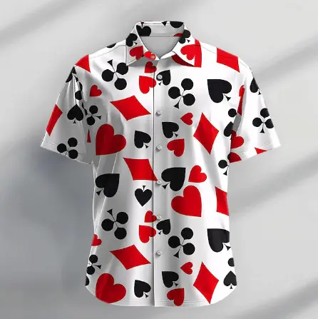 Red and black playing card print short sleeve men's shirt – casual summer holiday look