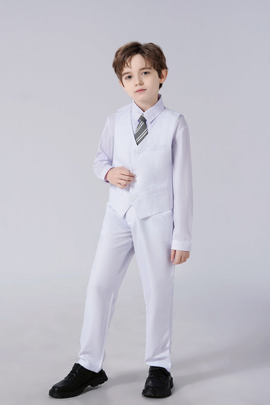 White Slim 4 Piece Boy's Formal Suits With Vest+Pants+Shirt+Tie