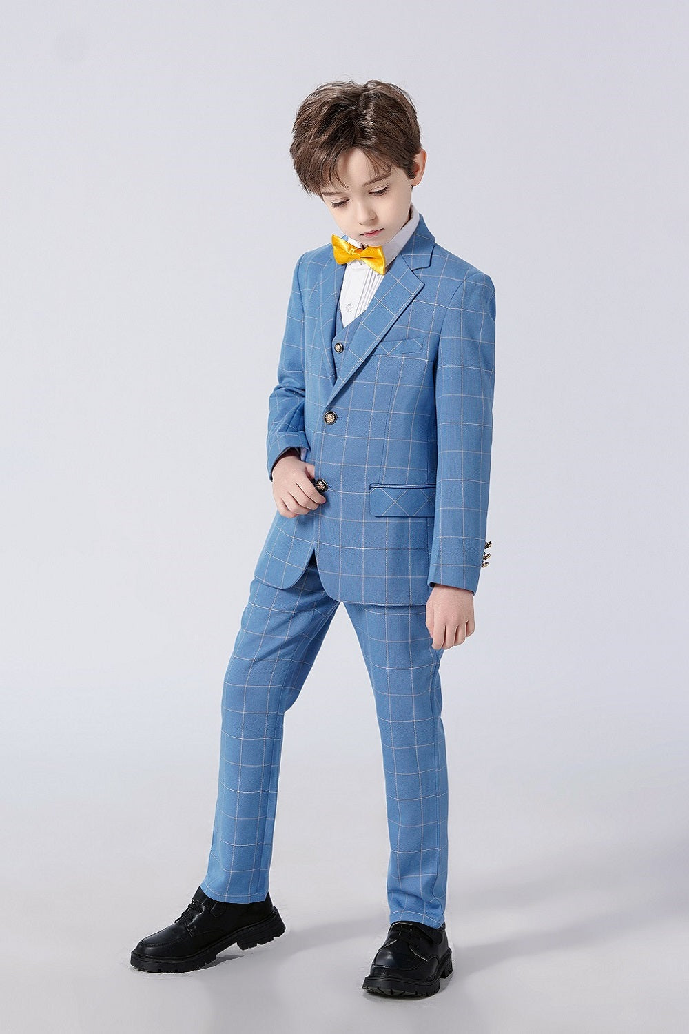 Light Blue Plaid Elegant Formal 5 Piece Boys Suits