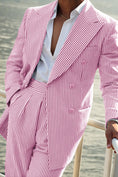 Cargar la imagen en la vista de la galería, Seersucker Striped Double Breasted Blazer Pants 2 Piece Men's Summer Suit
