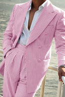 Seersucker Striped Double Breasted Blazer Pants 2 Piece Men's Summer Suit