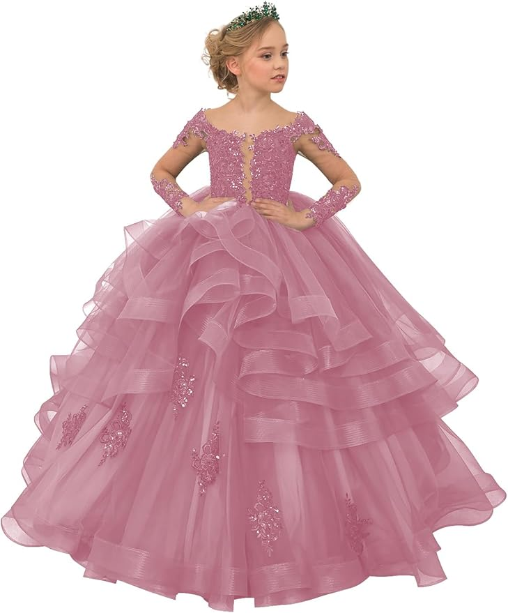 Long Sleeve Flower Girl Dresses Lace Applique Princess Ruffles Tulle Party Gown