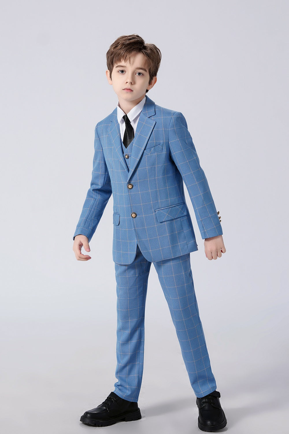 Light Blue Plaid Elegant Formal 5 Piece Boys Suits