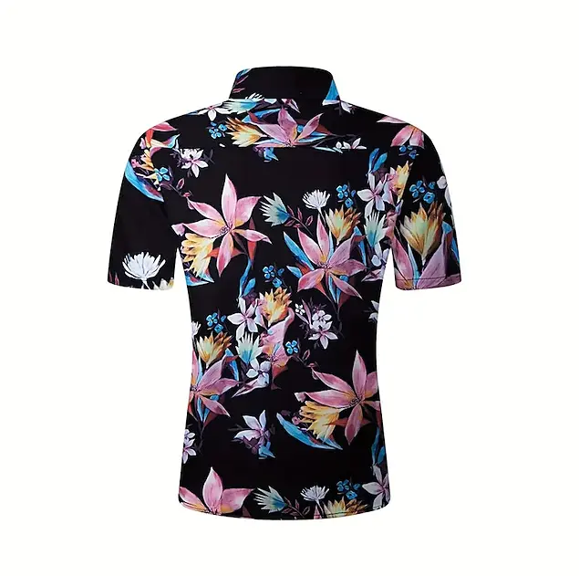 Back view of black tropical floral print shirt for men – lightweight summer casual shirt