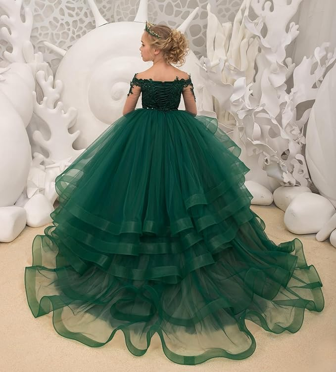 Long Sleeve Flower Girl Dresses Lace Applique Princess Ruffles Tulle Party Gown