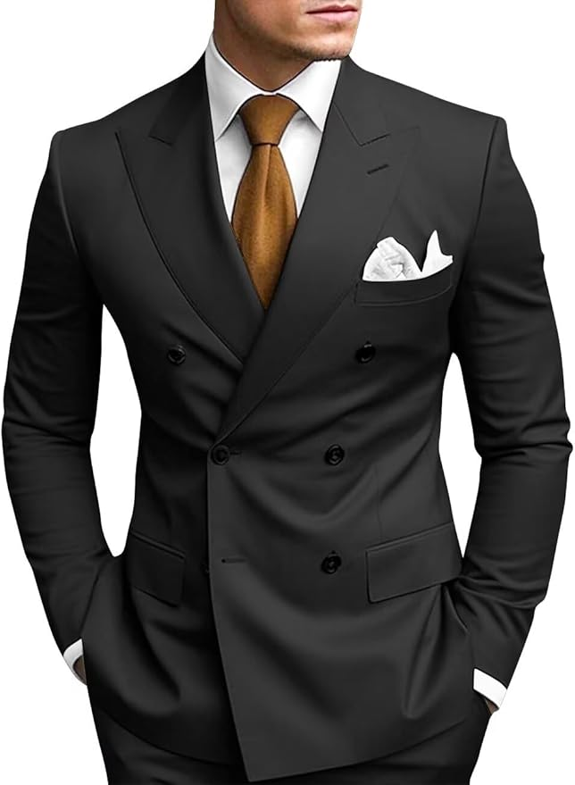 Black double breasted 2 piece slim fit men’s suit with peak lapel – wedding or business formalwear