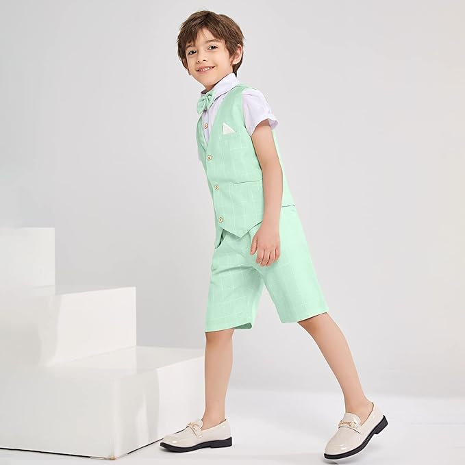 Summer Boys Suit 4Pcs Shirt Vest Shorts Tie Set