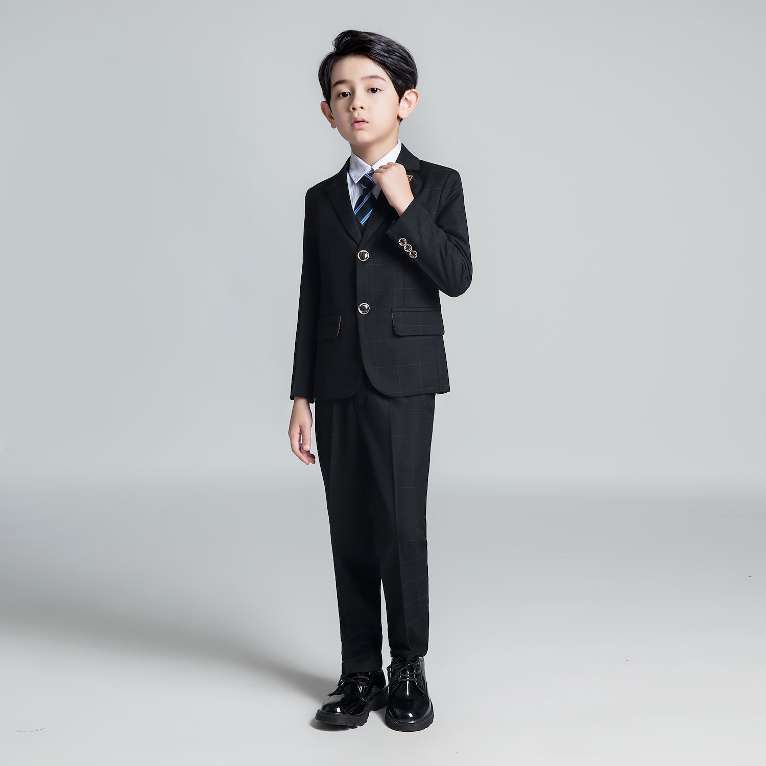 Black Plaid Elegant 5 Piece Boys Suits