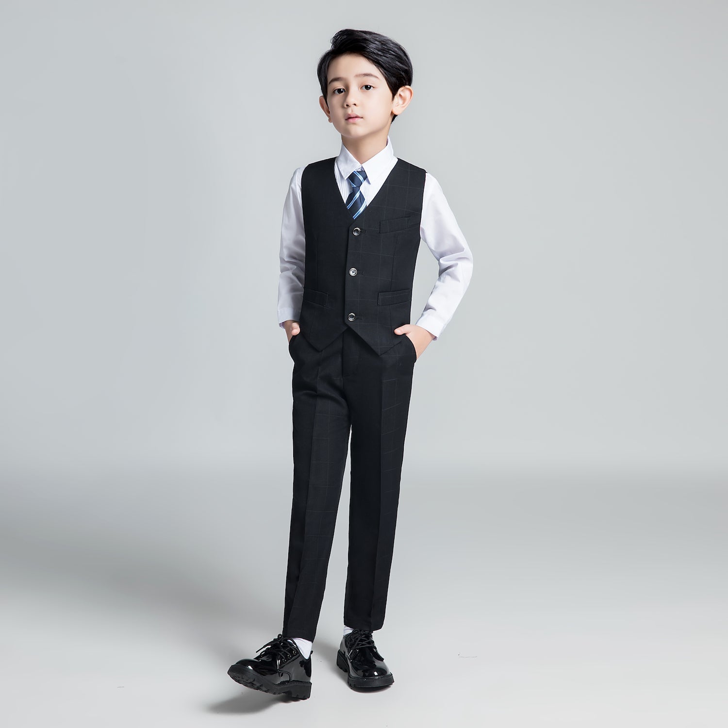 Black Plaid Elegant 5 Piece Boys Suits