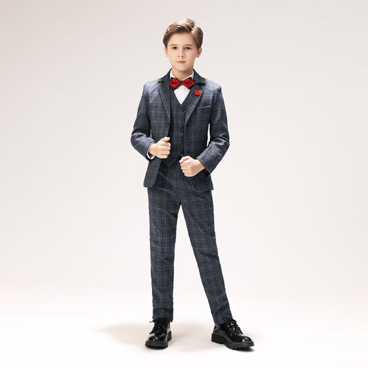 Grey Plaid Elegant 5 Piece Boys Suits