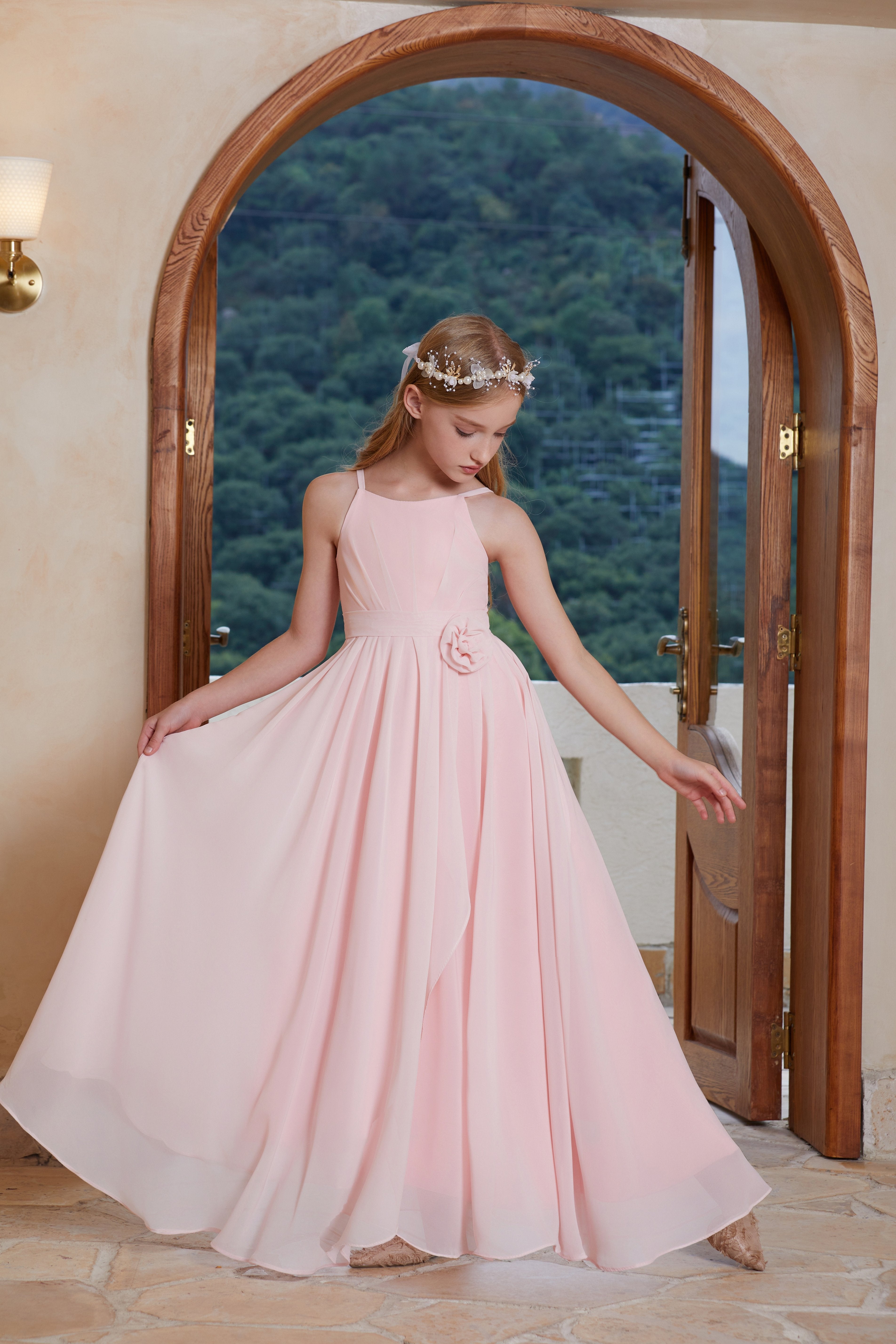 Pink Stylish Halter Chiffon Flower Girl Gown Dress