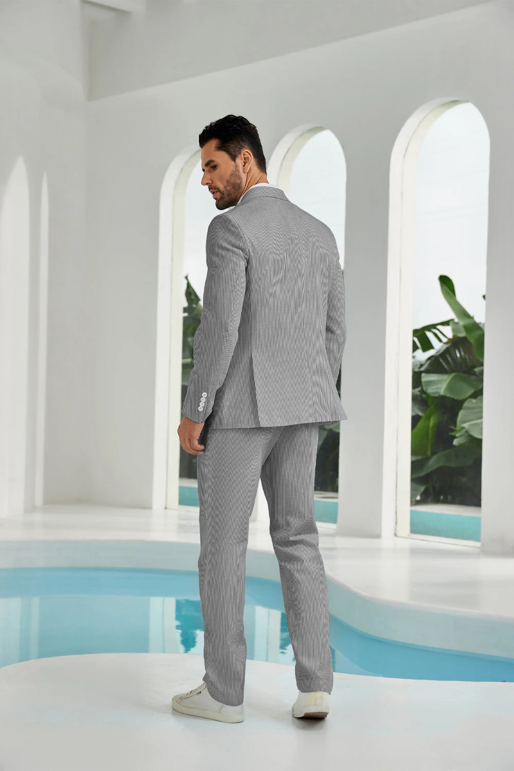 Seersucker Double Breasted Blazer Pants 2 Piece Men's Summer Suit