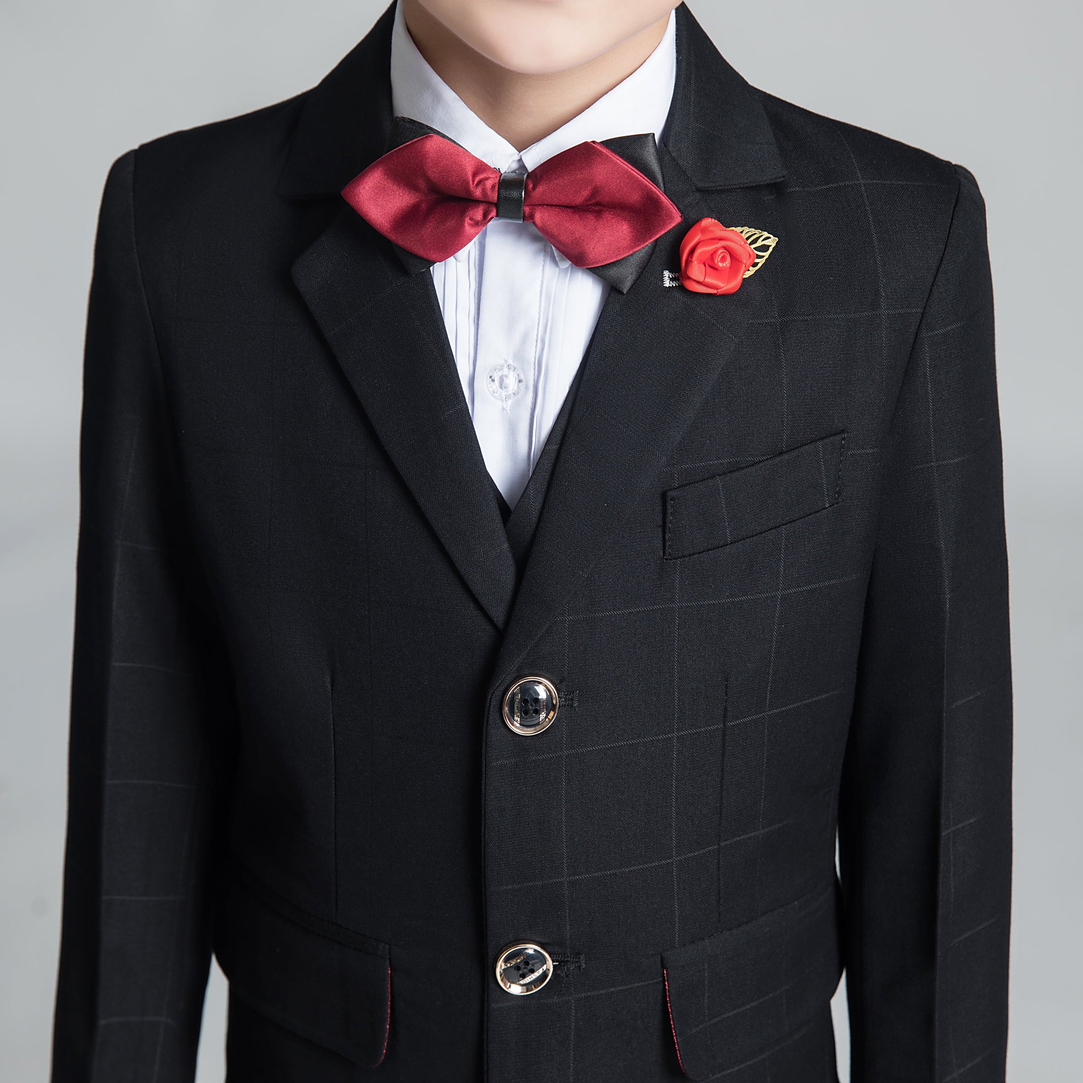 Black Plaid Elegant 5 Piece Boys Suits