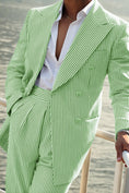 Charger l'image dans la visionneuse de la galerie, Seersucker Striped Double Breasted Blazer Pants 2 Piece Men's Summer Suit
