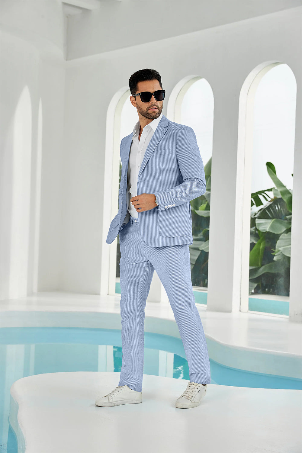 Seersucker Striped Blazer Pants 2 Piece Men's Summer Suit