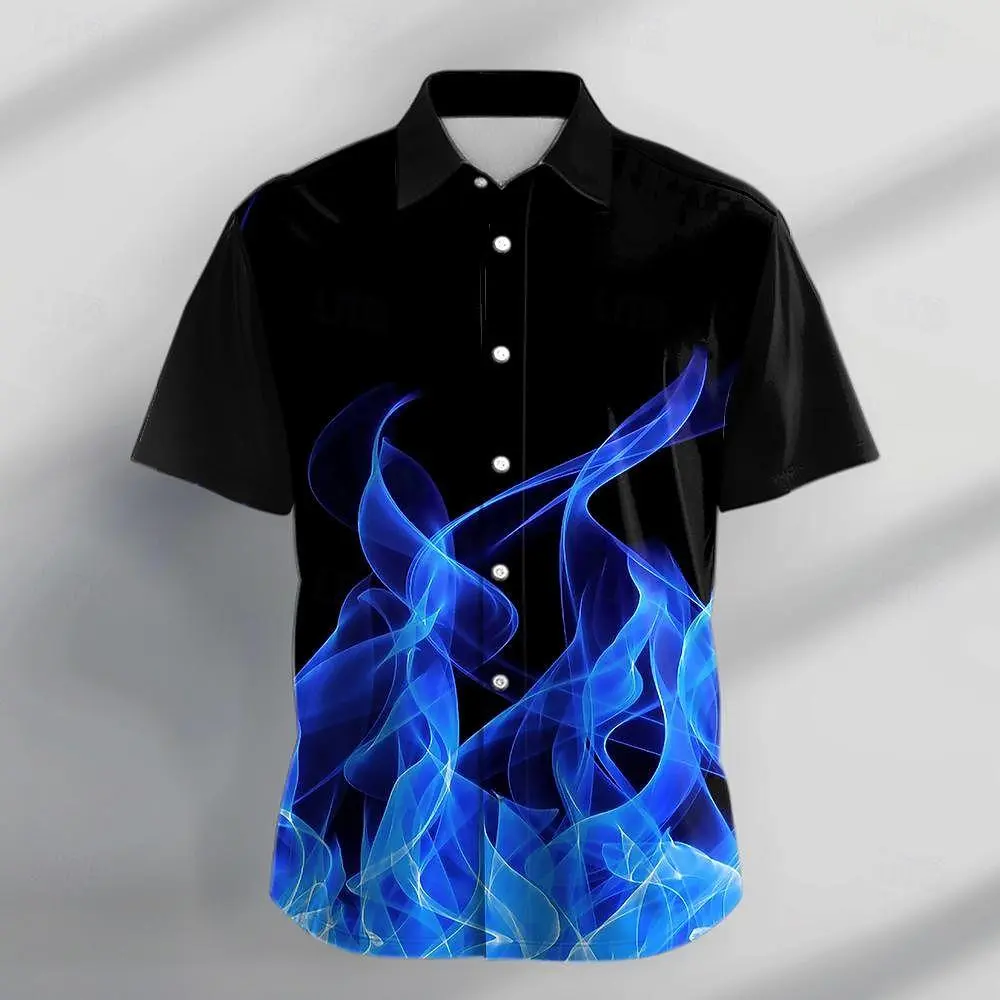 Black short sleeve shirt with electric blue flame print – casual summer tie-dye vibe