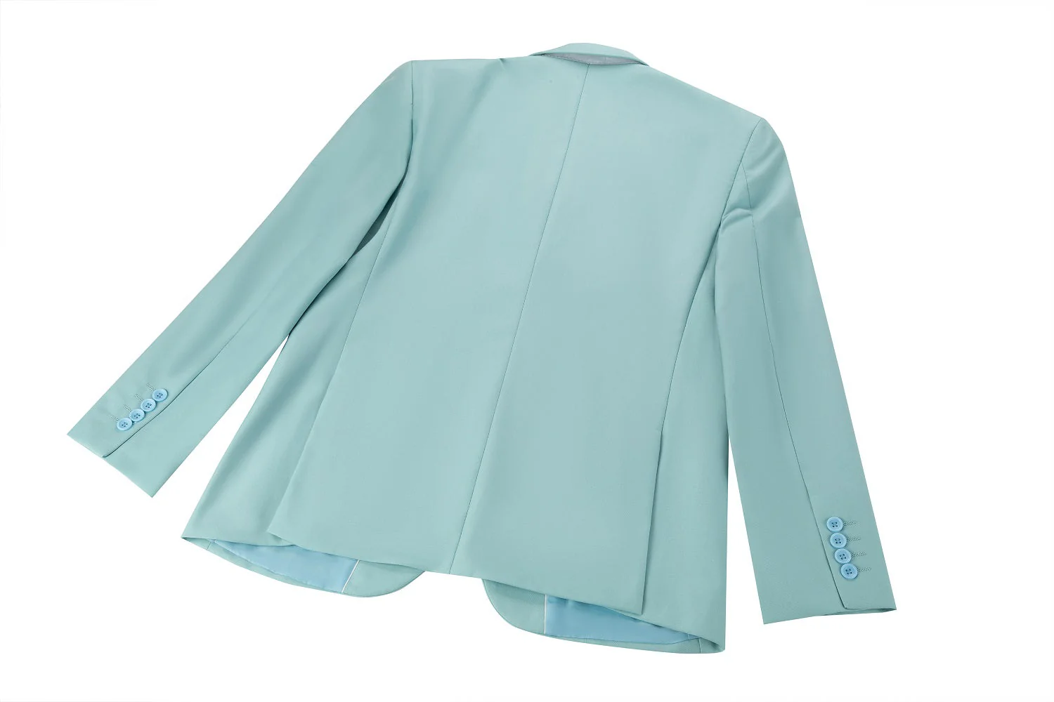 Men's mint green two button blazer back view - slim fit center seam with four light blue button cuffs & light blue lining
