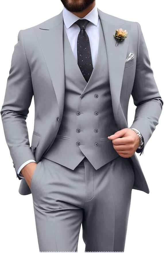grey slim fit 3 piece groom suit with peak lapel blazer, double breasted vest and pants for modern wedding style