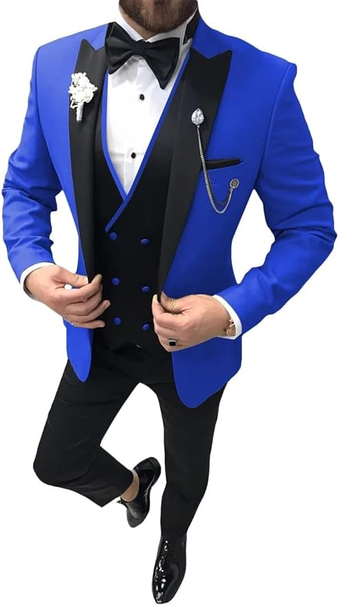 Men's Royal Blue wedding tuxedo 3 piece suit with satin lapel – elegant prom dinner outfit