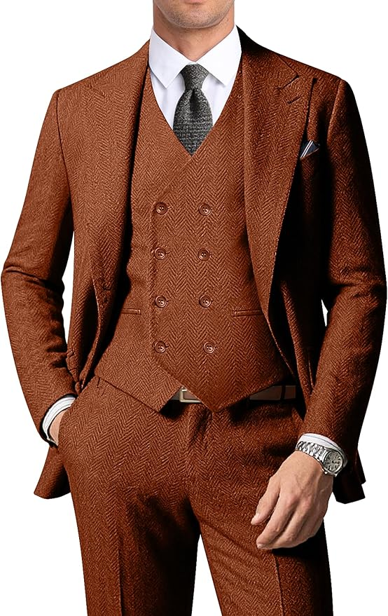 Men's Double Breasted Vest Herringbone 3 Piece Suits