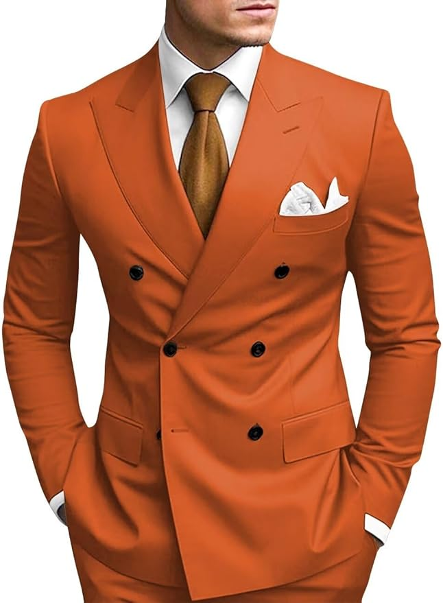 Stylish Orange peak lapel 2 piece suit for men – slim fit formal look with white shirt and tie
