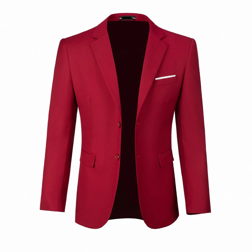 Men's red two button blazer - open front with chest pocket & white trim formal jacket
