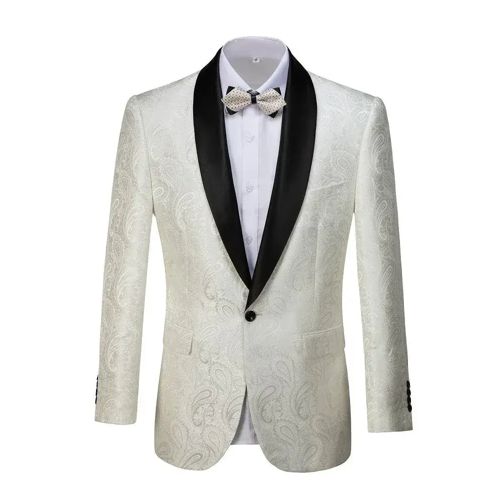 Front view of a white paisley patterned blazer with black satin peak lapels, featuring a white shirt and a matching bowtie.