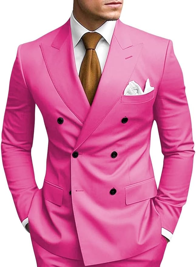 Hot Pink double breasted 2 piece slim fit men’s suit with peak lapel – wedding or business formalwear