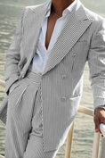 Load image into Gallery viewer, Seersucker Striped Double Breasted Blazer Pants 2 Piece Men's Summer Suit
