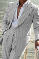 Seersucker Striped Double Breasted Blazer Pants 2 Piece Men's Summer Suit