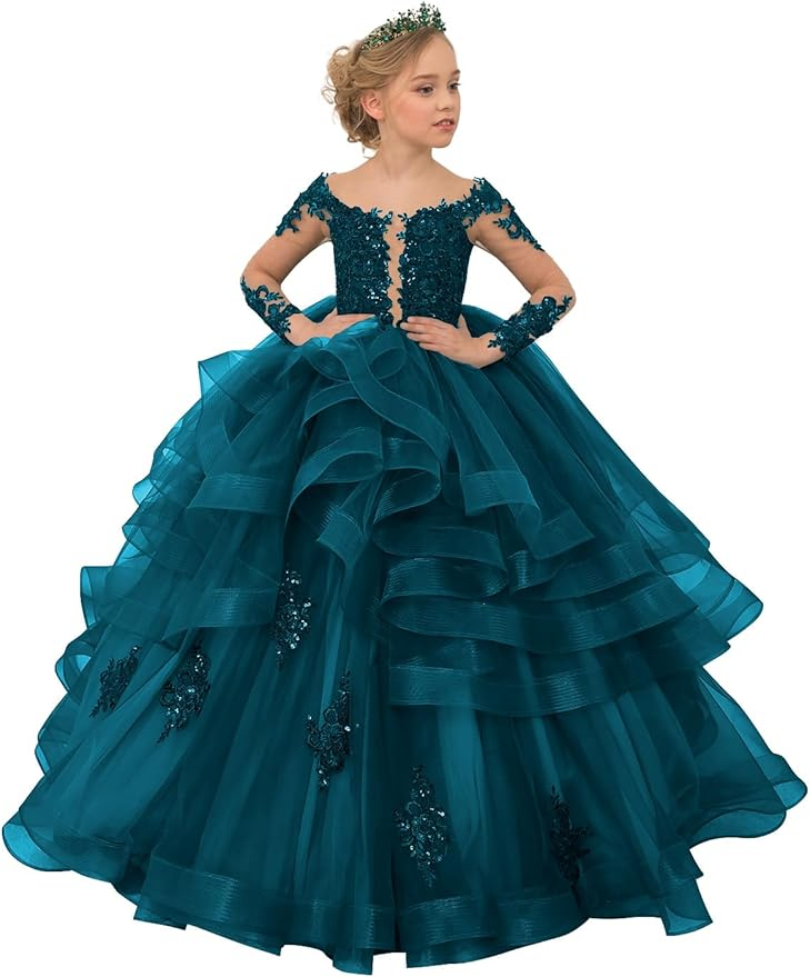 Long Sleeve Flower Girl Dresses Lace Applique Princess Ruffles Tulle Party Gown