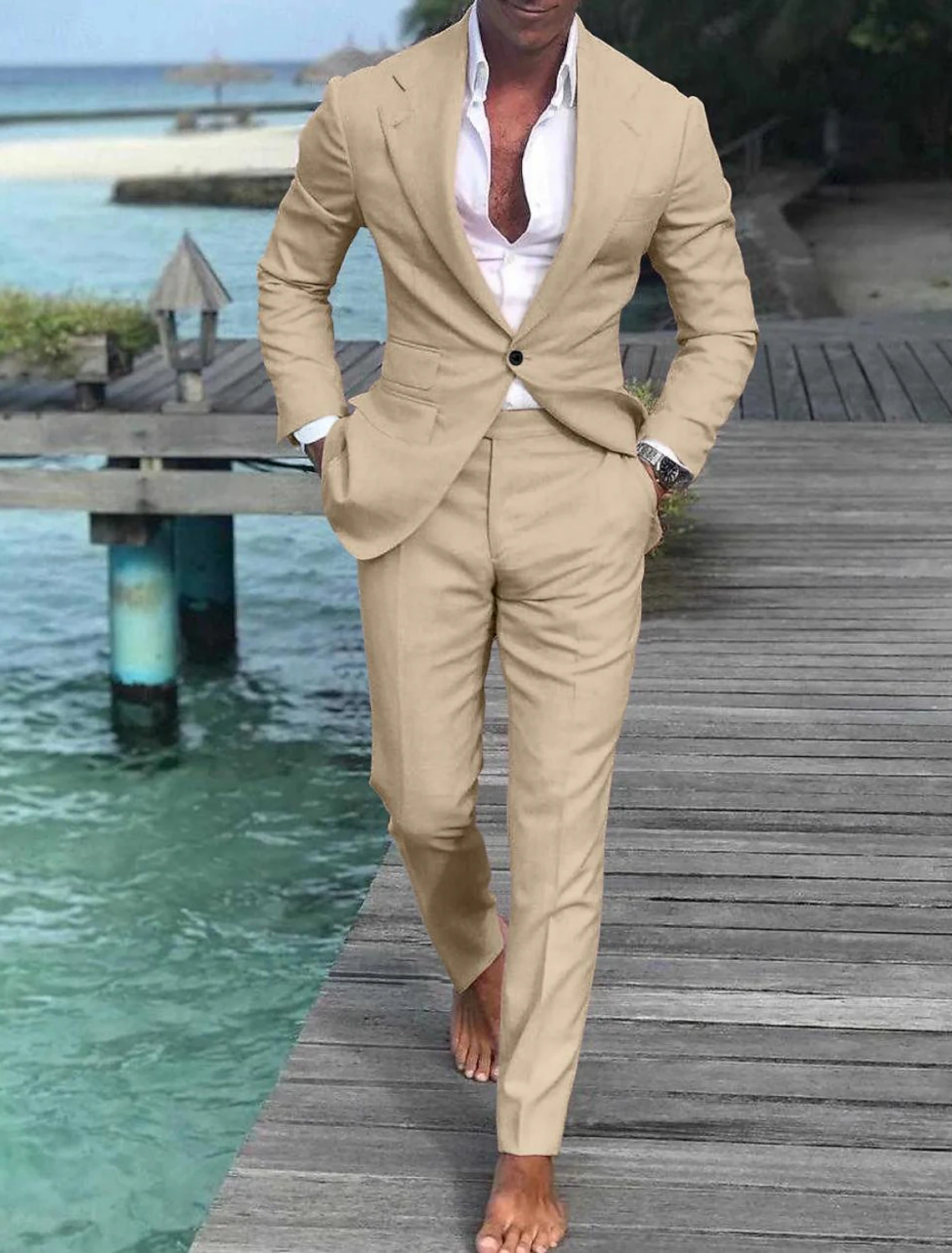 Men's Wedding Linen Beach Summer Single Breasted One-button 2 Piece Suits