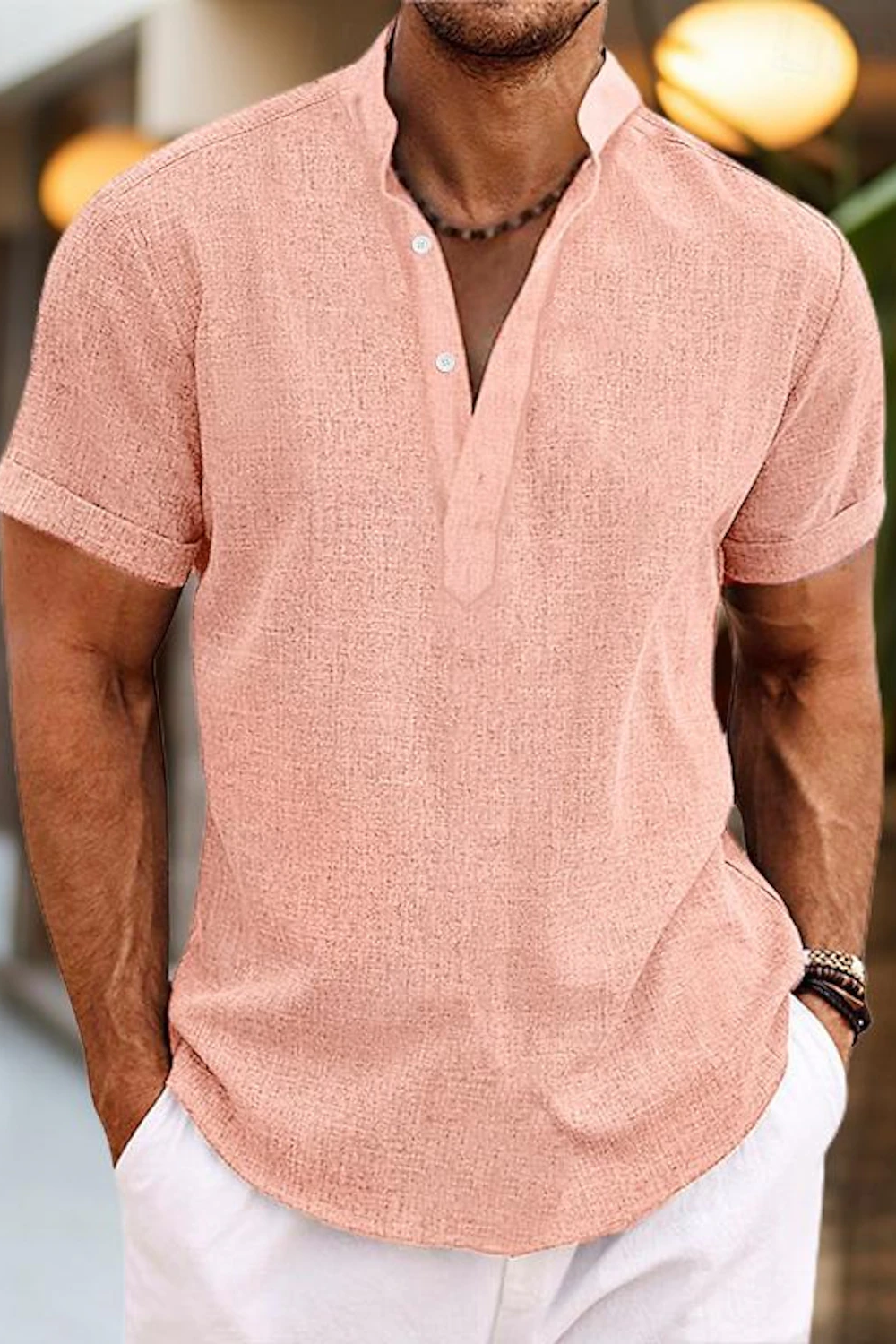 Pink linen Henley shirt with popover design – short sleeve summer shirt for beach or casual wear