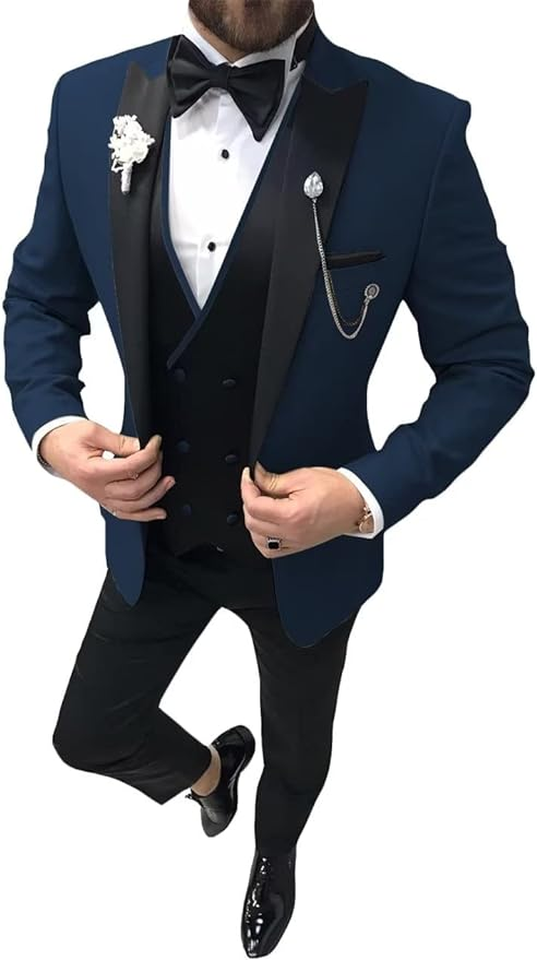 Men's Navy Blue wedding tuxedo 3 piece suit with satin lapel – elegant prom dinner outfit