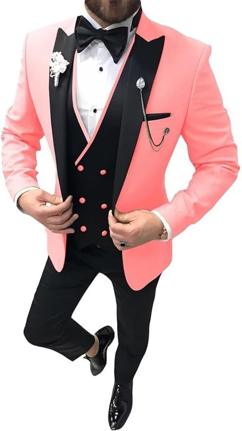 Men's Pink wedding tuxedo 3 piece suit with satin lapel – elegant prom dinner outfit