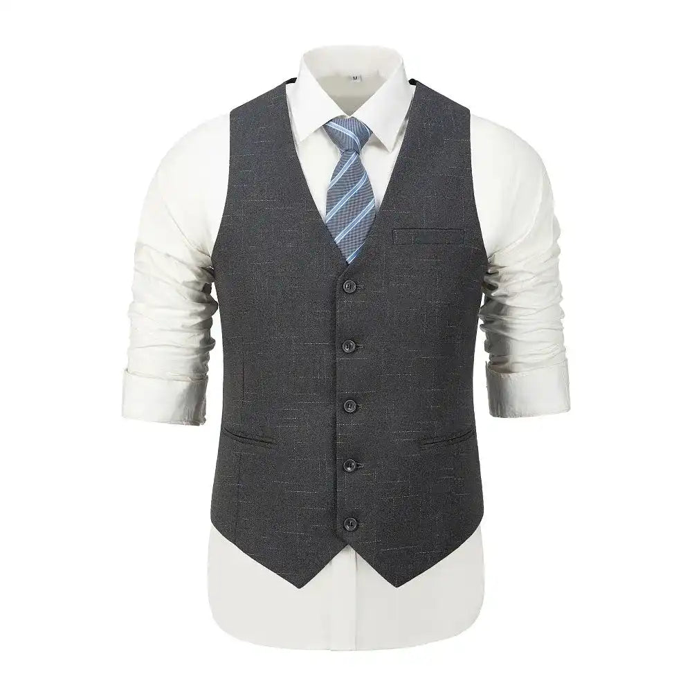 Slim fit grey vest with grid pattern – paired with rolled sleeves and blue tie