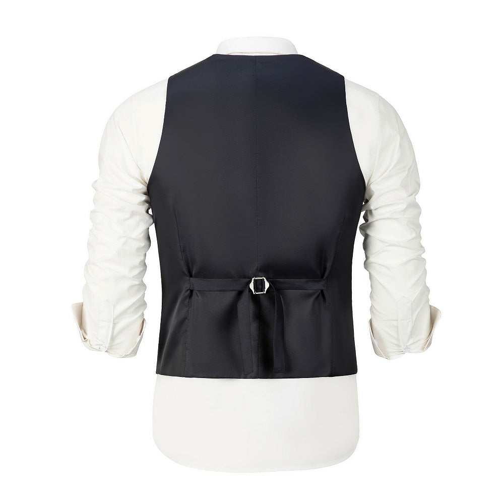 Back side of black vest with satin finish and adjustable buckle – sleek fit for men’s suit