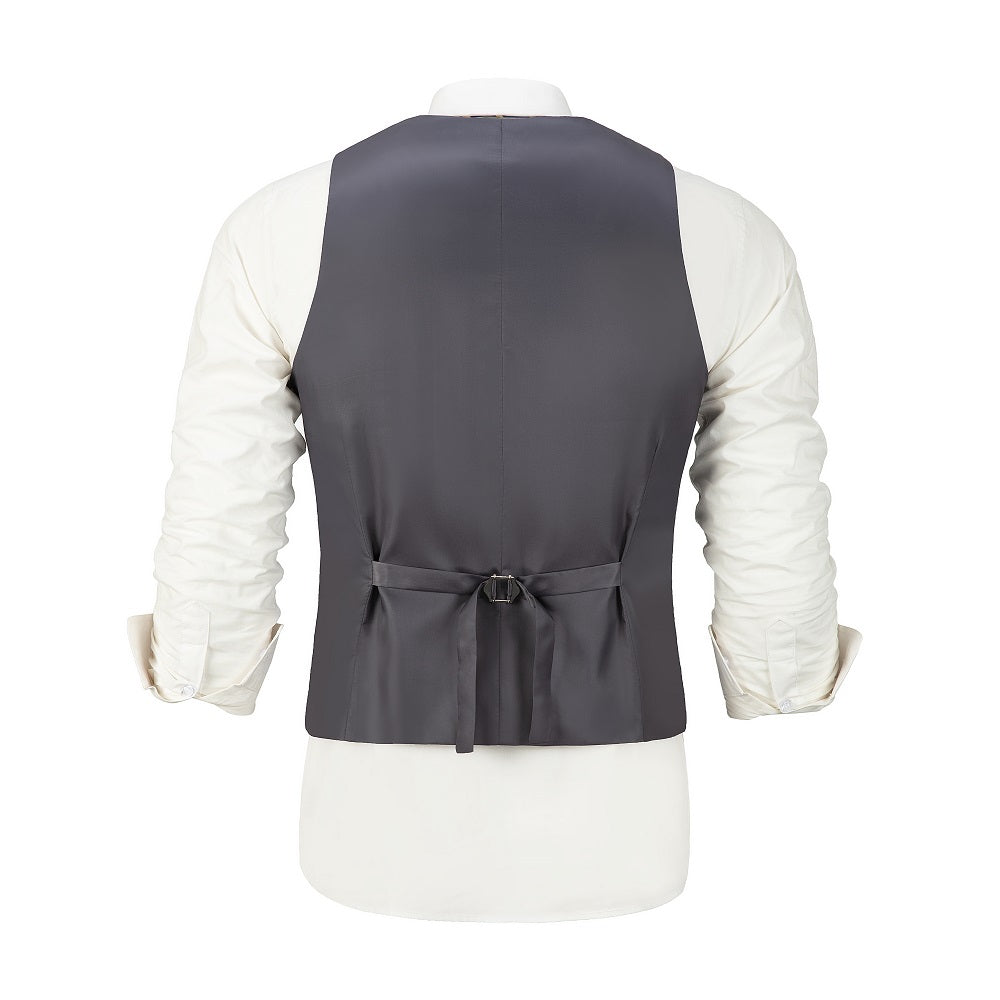 Back design of men's grey vest with satin panel and adjustable buckle – elegant partywear