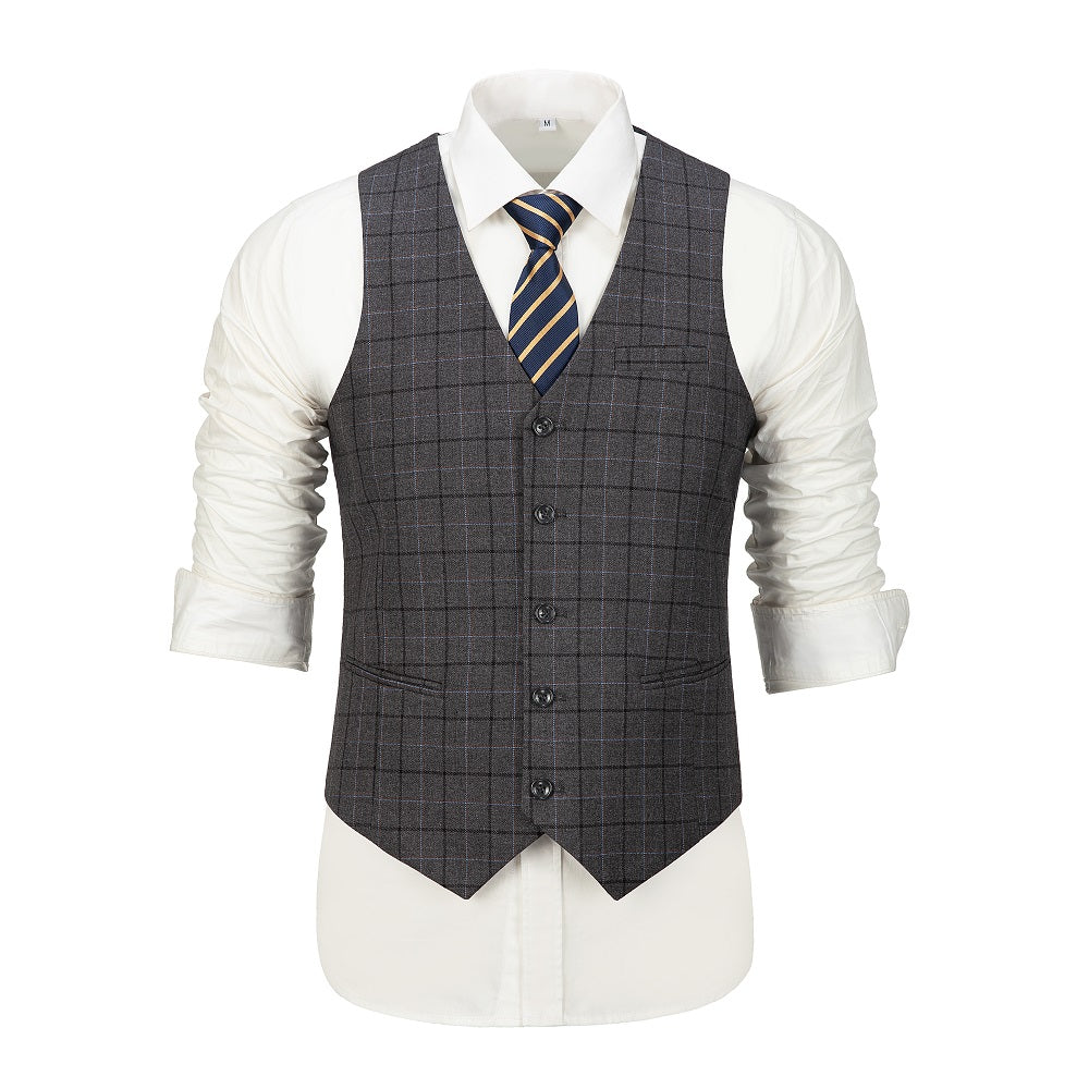 Front view of grey large plaid men’s vest with blue striped tie – formal wedding outfit idea