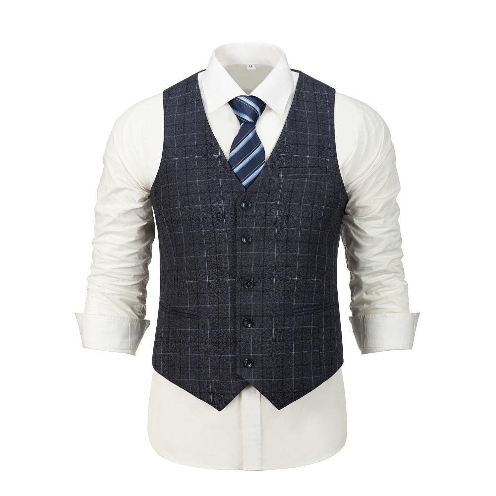 Dark grey plaid men’s vest front view with blue stripe tie – formal wedding or business outfit