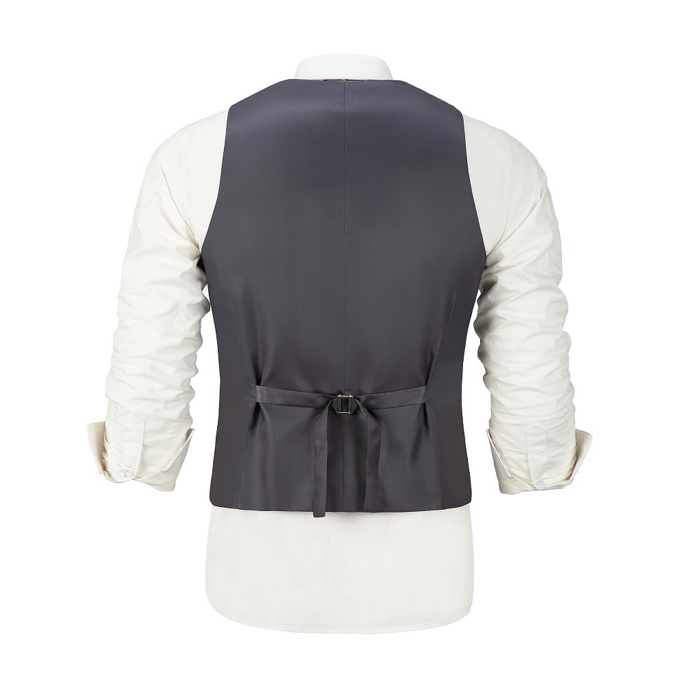 Grey formal men's vest back view with adjustable strap, suitable for party, wedding, or business
